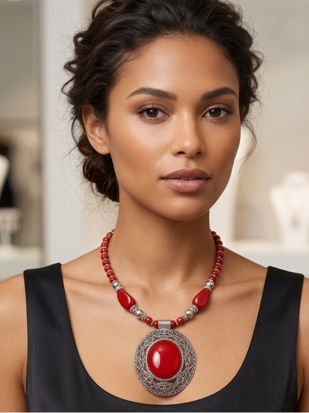 Vintage Red Chunky Beaded Statement Necklace with Filigree Pendant 18" Long